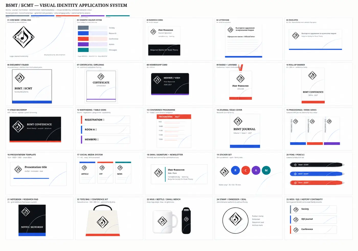 BSMT visual identity application system showing logo, colour families, stationery, conference, journal and digital applications.